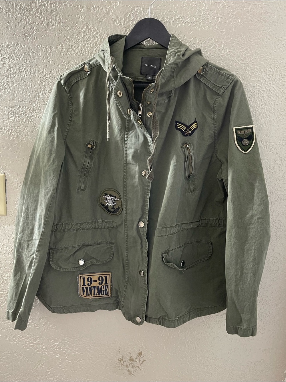 Y2K The Story Faded Olive Utility Jacket with Military Patches Size 1XL